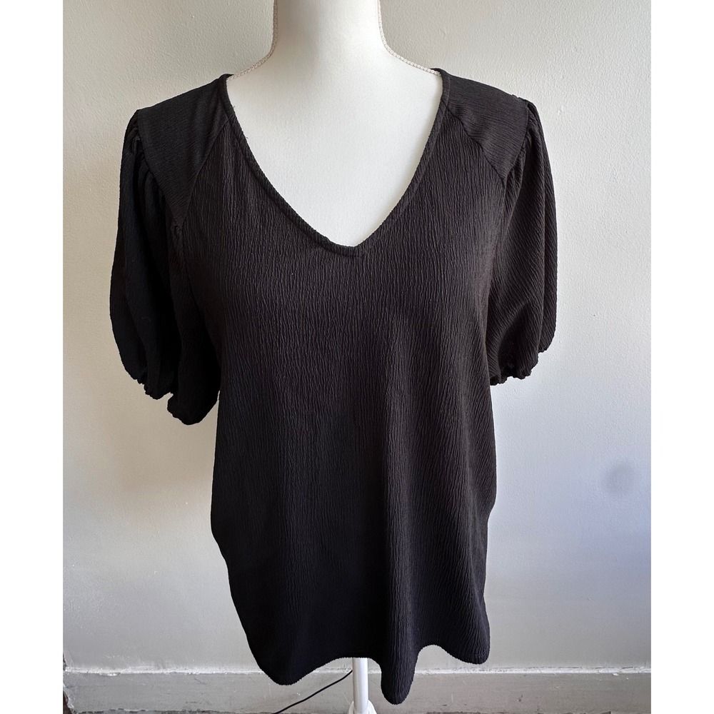 Vince Camuto Womens Black Textured Crepe V-Neck Short Puff Sleeve Blouse Size M